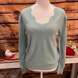 Cupcake Womens Aqua Scallop V Neck Long Sleeve Sweater Size M